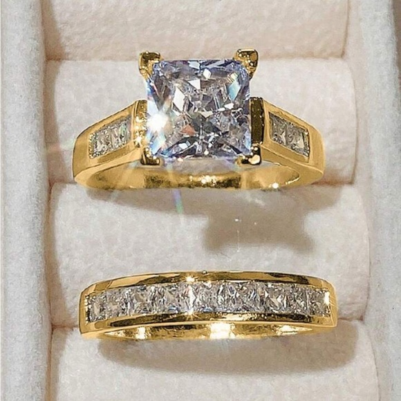 Princess Cut Moissanite Engagement and band set, 14K Yellow Gold Plated Set - Picture 11 of 11